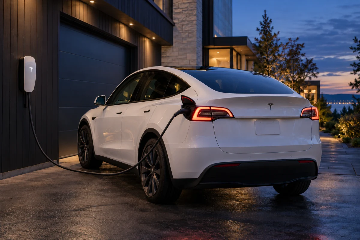 Une Tesla branchée à une borne résidentielle devant un garage
